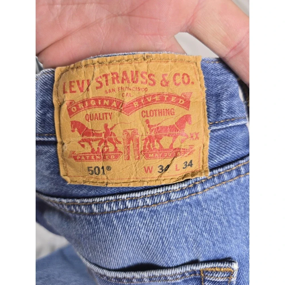 Levis 501 Jeans Mens 34x33 Blue WaterLess Regular Straight Button Fly Distressed